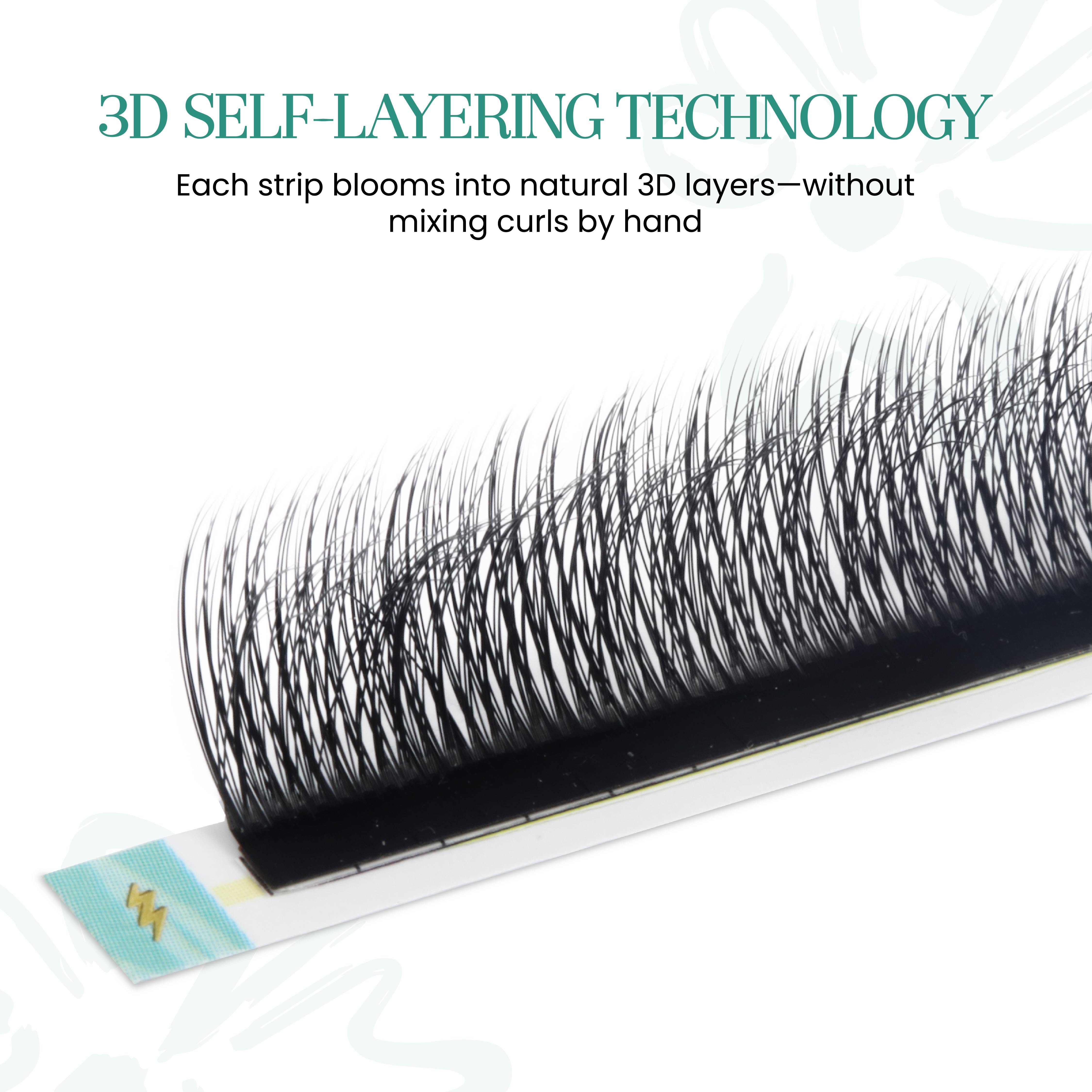 Close-up of Camellia Lash fan showing 3D self-layering technology and light-glued base