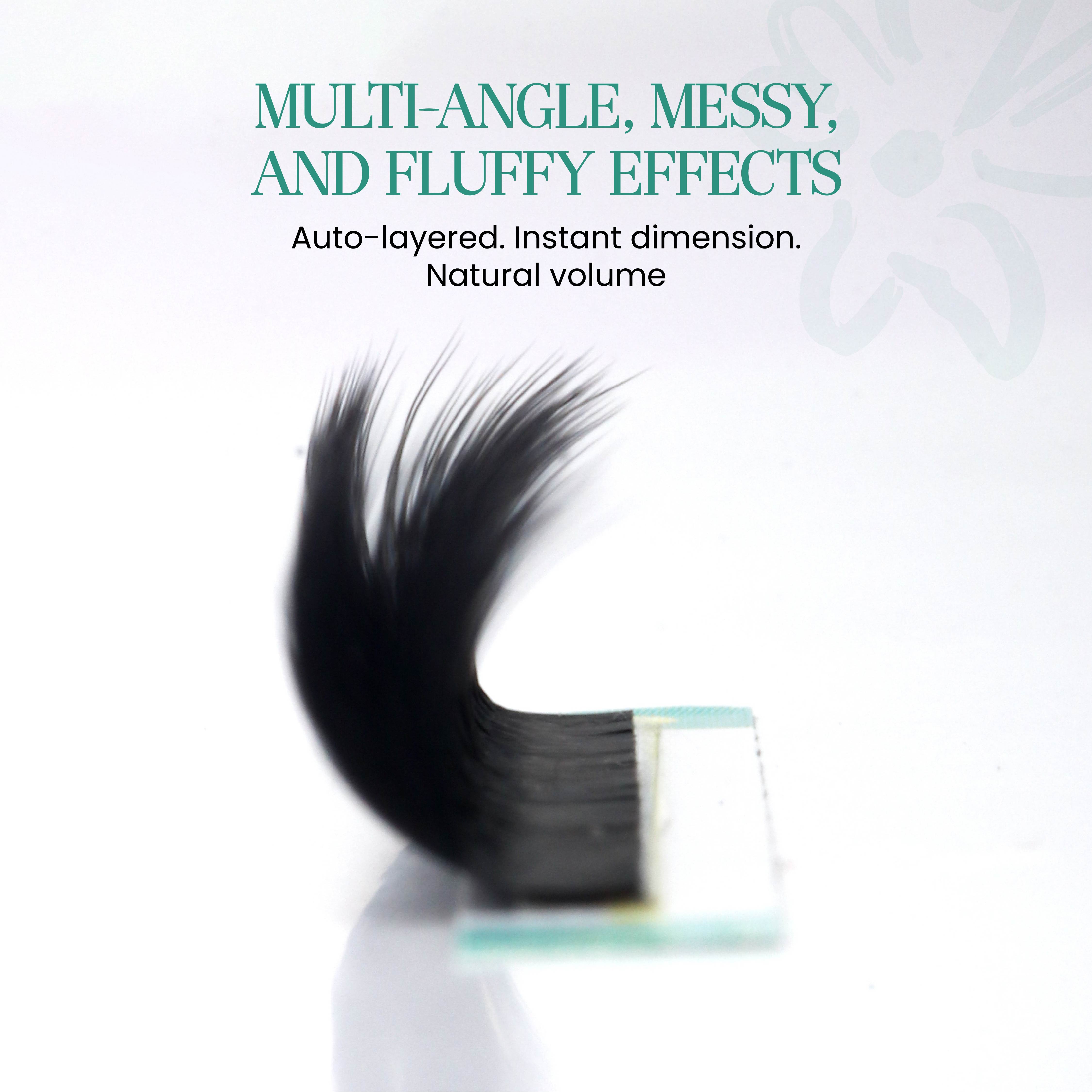 Close-up of Camellia Lash fan showing 3D self-layering technology and light-glued base