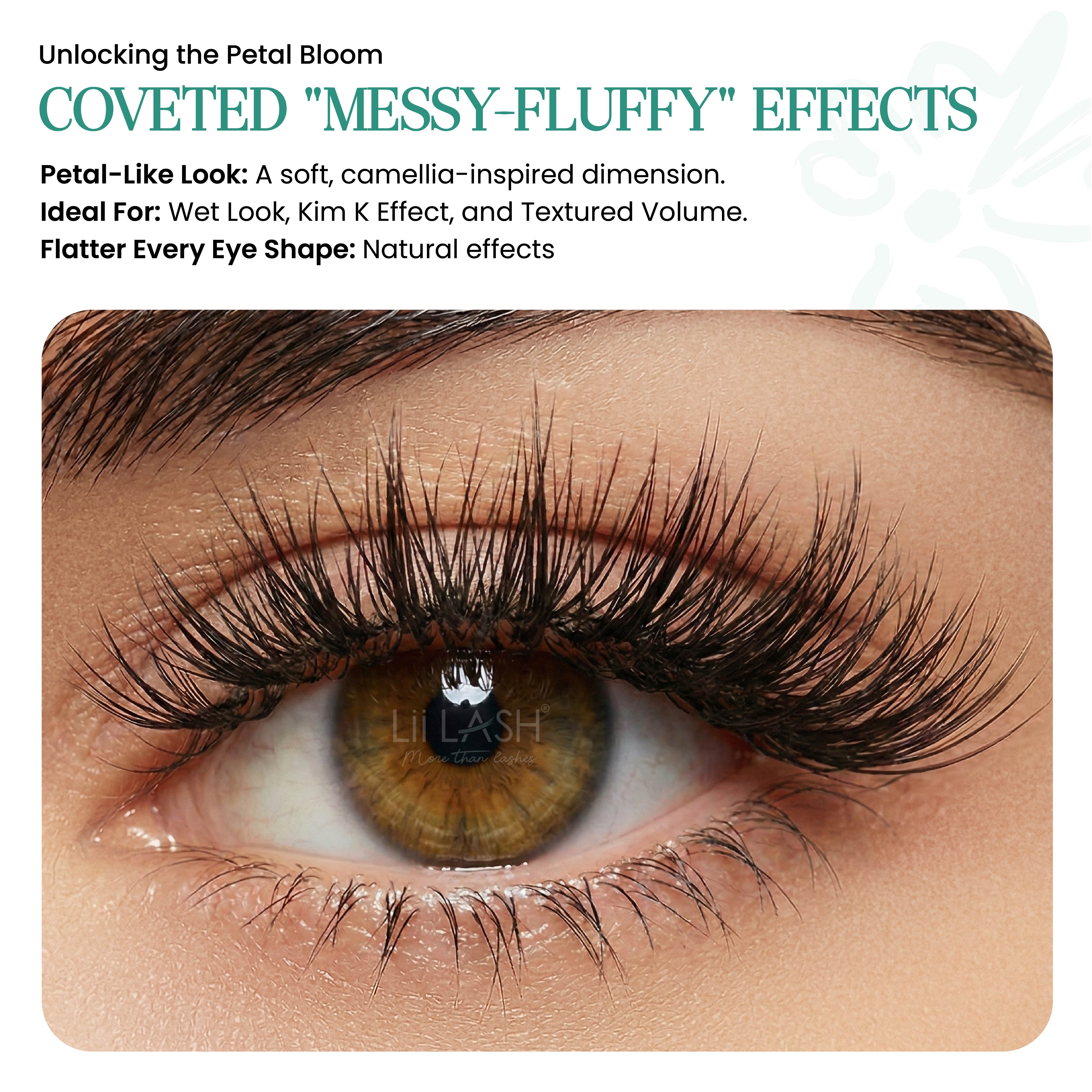 Eye model wearing Camellia Lashes showcasing a messy-fluffy, textured volume effect