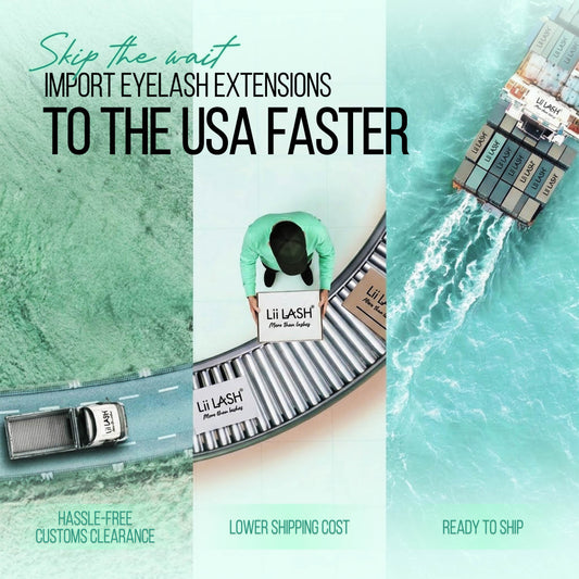 Graphic comparing fast domestic truck delivery for eyelash extensions with traditional sea freight to skip USA customs wait times.