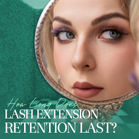 How long does lash extension retention last_Close-up portrait of a woman with lash extensions reflected in a mirror