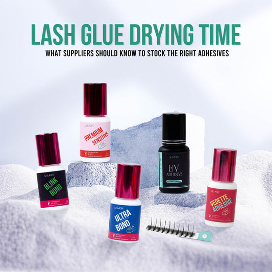 Lash adhesives displayed for seasonal use, illustrating lash glue options relevant to drying time and climate conditions.