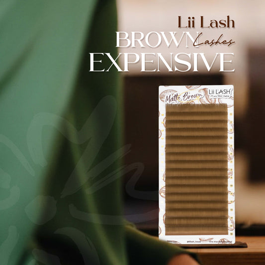 Lii Lash matte brown eyelash extension tray displayed in premium packaging, showcasing soft natural brown tones for professional lash applications.