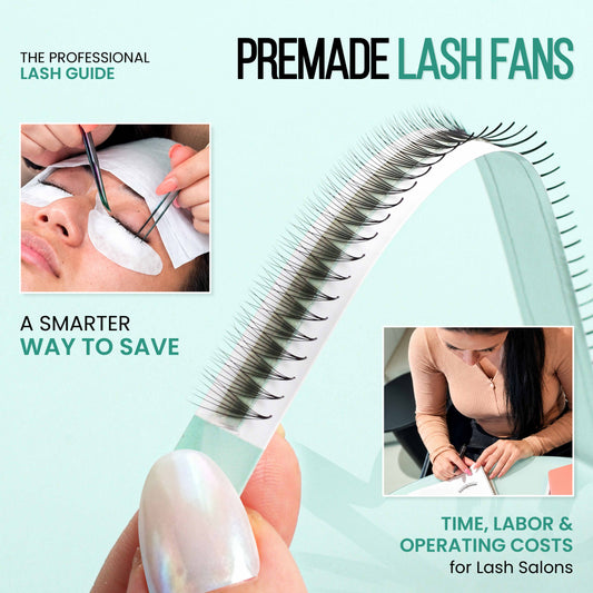premade lash fans for lash salons, featuring professional lash application and a close-up of volume lash fans, with a focus on saving time, labor and operating costs
