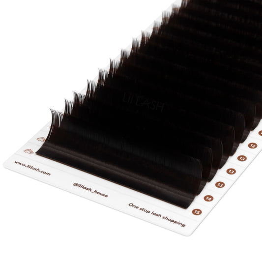 Closeup of Black brown eyelash extension from a Dutch angle in lash tray