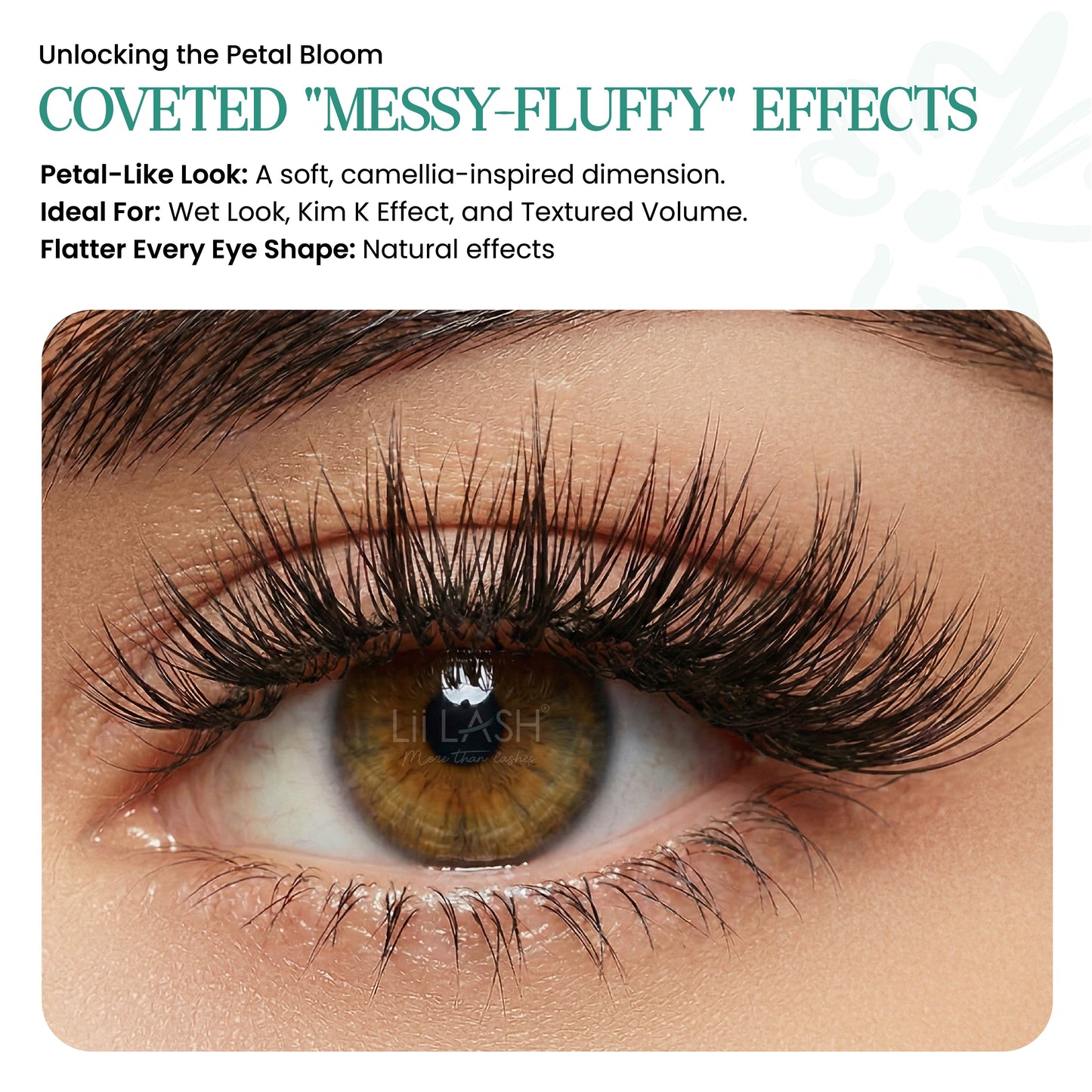 Eye model wearing Camellia Lashes showcasing a messy-fluffy, textured volume effect